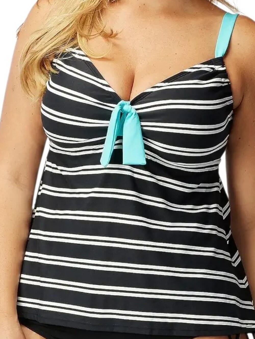 Beach House Black and White Striped Tankini with Aqua Accents Size 16W